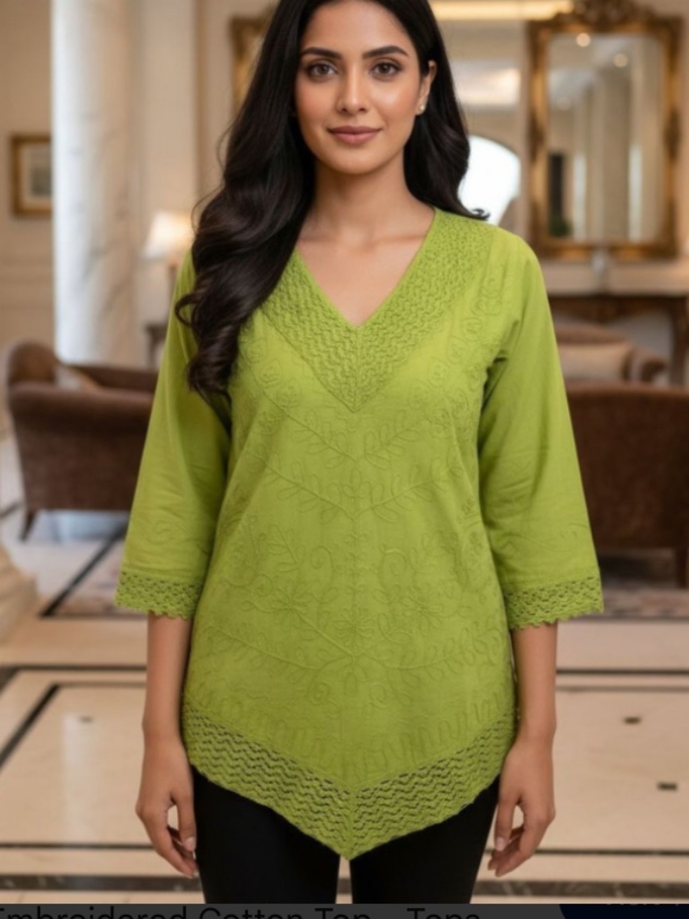 Embroidered V-Neck Cotton Top - Green